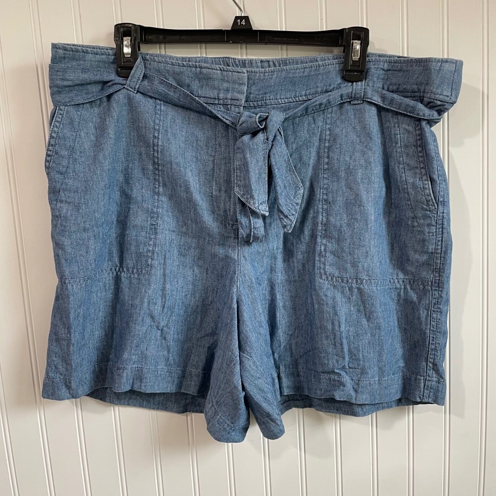 Talbots Denim Shorts Tie Waist Pockets Linen Blend‎ Blue Chambray Size 16 Preppy